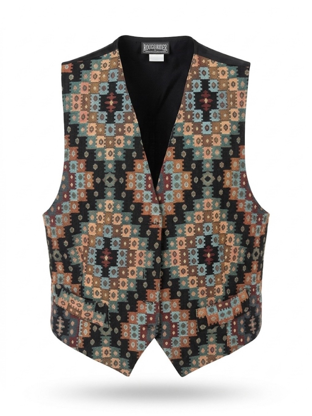 RoughRider Vintage Southwestern Pattern Tapestry Vest in Black, Tan, Blue Size L